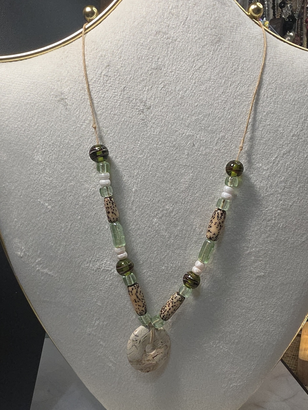 Handcrafted Green and Cream Bead Necklace with Natural Pendant